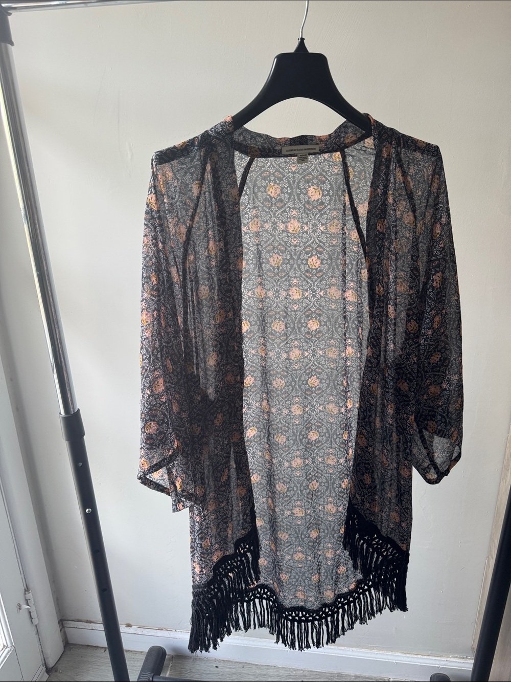 American Eagle Outfitters Black Sheer Floral Kimono with Peach Accents
